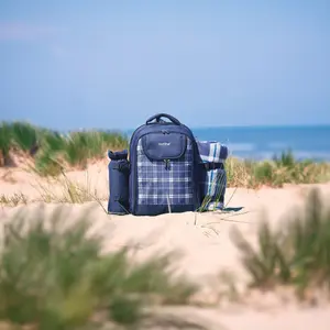 VonShef 4 Person Navy Tartan Picnic Backpack Hamper with Cooler Compartment, Includes Tableware & Fleece Picnic Blanket