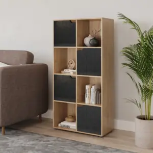 URBNLIVING 119cm Height 8 Cubes Oak Wooden Bookcase Display Shelf Storage Cabinet With Modern Geo Black Door