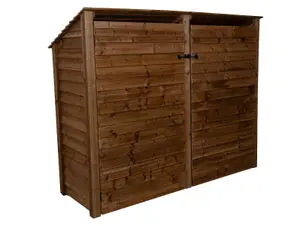 Wooden log store (roof sloping back) with door and kindling shelf W-227cm, H-180cm, D-88cm - brown finish