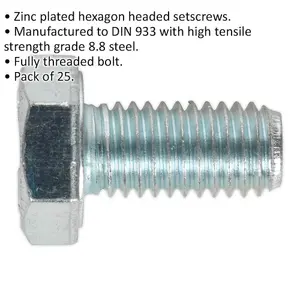 25 Pack M10 x 20mm Grade 8.8 Zinc Setscrews - Fully Threaded DIN 933