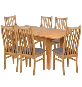 Hallowood Furniture Camberley Oak Butterfly Extending Dining Table with 6 Premium Oak Chairs with Steel Grey Seat Pad