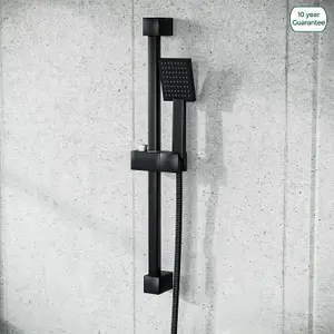 Square Shower Matte Black Handset and Hose with Slider Riser Rail Bracket