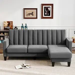 Sectional Couch Velvet L Shaped 3 Seat Grey Sofa with Chaise