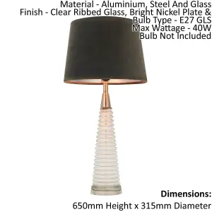 Table Lamp - Clear Ribbed Glass, Bright Nickel Plate & Mocha Velvet - 40W E27