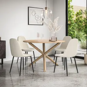 Malvern Round Dining Table And Chairs -  Oak Table Top w Solid Oak Legs + Maya Boucle Dining Chair Set Of 4 (Ivory White)