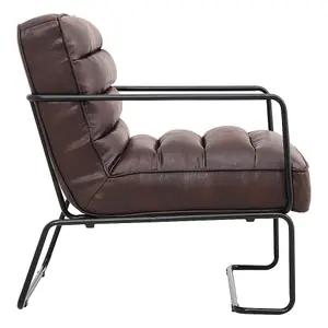 Brown Mid-Century Armchair PU Leather Upholstered Accent Chair with Metal Legs and Armrest