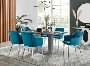 Imperia Grey High Gloss 6 Seater Dining Table with Structural 2 Plinth Column Legs 6 Blue Velvet Silver Leg Calla Art Deco Chairs