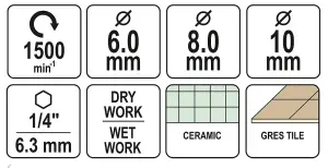 YATO YT-60409, Tile Cutter Diamond Drill Bits 6, 8, 10mm, Hex Shank, Wet Dry Cut