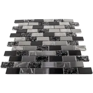 Luxury Textured Black Glass & Brushed Steel Mix Mosaic Wall Tiles Sheet 8mm