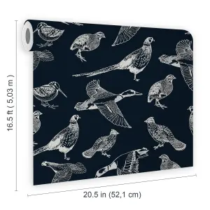 Joules Navy Country birds Smooth Wallpaper Sample