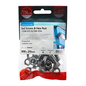 Timco - Set Screws & Hex Nuts - Stainless Steel (Size M8 x 20 - 6 Pieces)