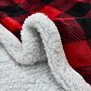 EHC Check Design Super Soft Warm Sherpa Fleece Wearable Hooded Blanket Throw -130 x 180 cm , Red & Black