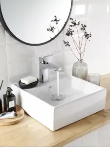 GoodHome Hendra Gloss White Square Counter top Basin (W)38cm