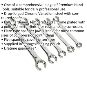 5 PACK Flare Nut Spanner Set -Compression Joint Wrench / Crow Foot Brake Spanner