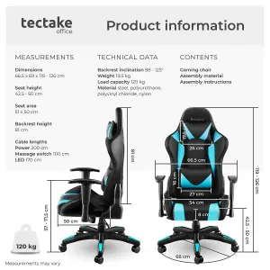 Gaming Chair Tartaros - RGB LEDs, fully adjustable, fully rotatable, massage function - black/azure