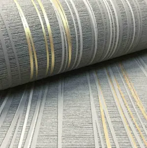 Charcoal Grey Metallic Gold Stripe Textured Vinyl Wallpaper