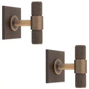 2 PACK - Knurled T Bar Cabinet Door Knob & Matching Backplate - Antique Brass 40 x 40mm