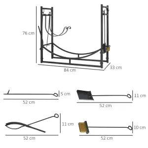 Outsunny Firewood Stand Log Rack Holder 84cm with 4-PC Fireplace Tools Set Black