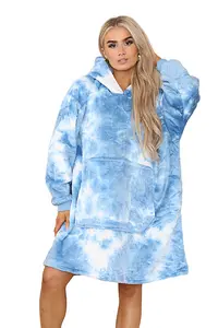 MS9 Women's Oversized Hoodie Wearable Blanket Hoodie Top With Sherpa Lining Dark Blue and White