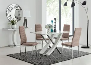 Furniturebox UK Mayfair 4 White High Gloss And Stainless Steel Dining Table And 4 Cappuccino Beige Milan Chairs Set