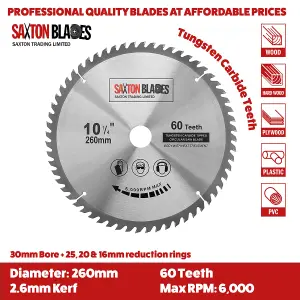 Saxton TCT260MXB TCT Circular Saw Blades 260mm 60T & 80T x 30mm Bore + 16, 20 and 25mm Reduction Rings Pack of 2