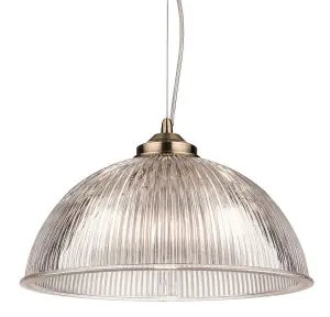 Luminosa Ashford 1 Light Ceiling Pendant Antique Brass with Clear Ribbed Glass, E27