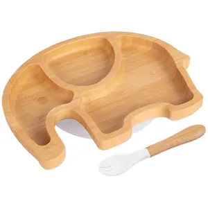 Bamboo Elephant Baby Weaning Plate & Fork Set - White