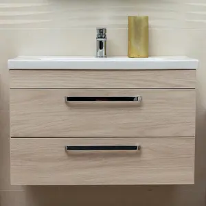 Novela 800mm Wall Hung Vanity Unit in Light Wood with Ceramic Basin