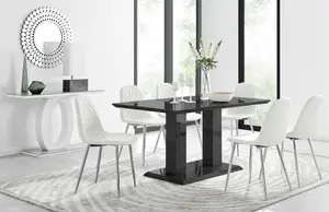 Imperia Black High Gloss 6 Seater Dining Table with Structural 2 Plinth Column Legs 6 White Faux Leather Silver Leg Corona Chairs