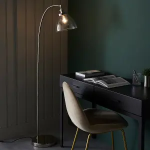 Bright Nickel Standing Floor Lamp Light & Clear Glass Shade - Knurled Detailing