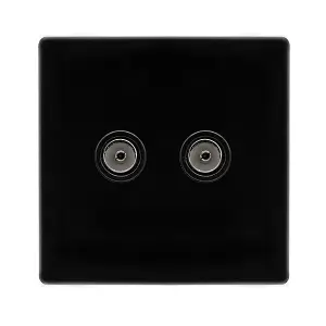 Matt Black Screwless Plate 2 Gang Twin Coaxial TV Socket - Black Trim - SE Home