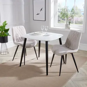 Core Products Aspen White 80cm Square Dining Table with 2 Natural Fabric Diamond Stitch Design Chairs