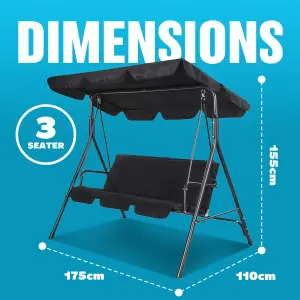 3 Seater Garden Swing Chair Seat Hammock Outdoor Metal Terrace Canopy Bench Black