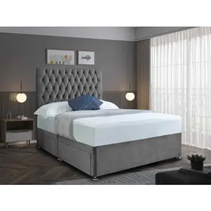 Jemma Divan Bed Set with Headboard and Mattress - Chenille Fabric, Silver Color, 2 Drawers Right Side