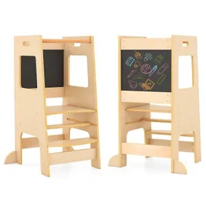 COSTWAY Kids Step Stool Baby Kitchen Helper with Chalkboard & Adjustable Step