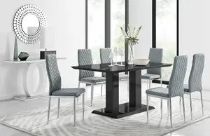 Imperia Black High Gloss 6 Seater Dining Table with Structural 2 Plinth Column Legs 6 Grey Stitched Faux Leather Milan Chairs