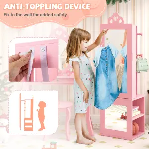 COSTWAY 117CM Standing Kids Jewelry Armoire Jewelry Storage Organizer with Dress-up Mirror