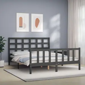 Berkfield Bed Frame with Headboard Grey King Size Solid Wood