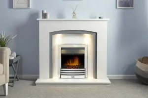 Adam Savanna Fireplace in Pure White & Grey with Downlights & Eclipse Electric Fire in Chrome, 48 Inch