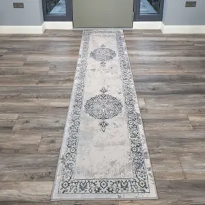 Blue Grey Traditional Medallion Bordered Living Runner Rug 70x240cm