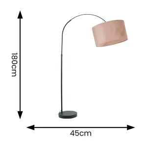 ValueLights Louis Black Arched Curved Floor Lamp with Blush Pink Velvet Drum Lamp Shade and LED Bulb