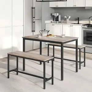 VASAGLE Dining Table with 2 Benches, 3 Piece Set, Kitchen Table, 2 Benches, Steel Frame, Heather Greige and Ink Black