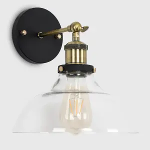 ValueLights Wallace Pair of Industrial Black and Gold Wall Light Fittings with Clear Glass Light Shades