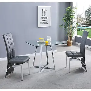 Melito Square Glass Dining Table With 2 Ravenna Grey Chairs