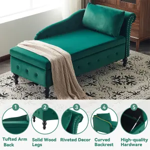 Velvet Chaise Lounge Sofa with Storage, Upholstered Chaise lounge Couch with Pillow for Living Room, Right Armrest, Green