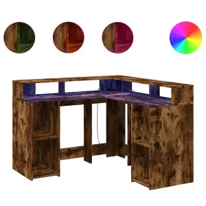 Berkfield Desk with LED Lights Smoked Oak 130x130x91 cm Engineered Wood