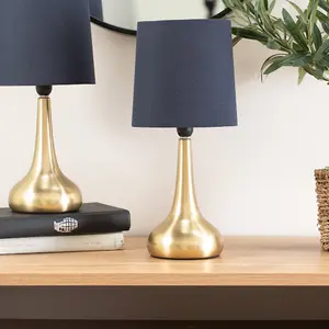 Pair - Brushed Gold Teardrop Touch Dimmer Table Lamps with Navy Blue Shade Bedside Light - LED Bulbs Included