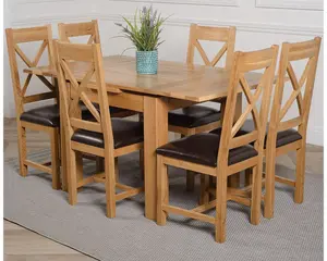 Richmond 90cm - 150cm Square Oak Extending Dining Table and 6 Chairs Dining Set with Berkeley Brown Leather Chairs