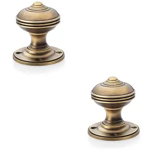 2 PACK - SOLID BRASS Classic Reeded Mortice Door Knob - Antique Brass 50mm Diameter