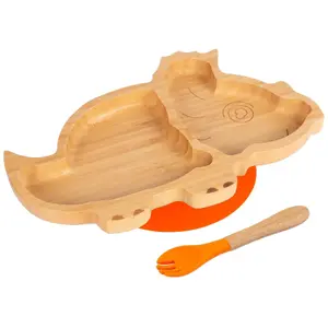 Bamboo Dinosaur Baby Weaning Plate & Fork Set - Orange